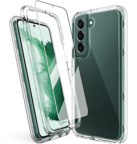 KIOMY Clear Shockproof Case for Samsung Galaxy S22 Plus 5G with 2 Packs Tempered Glass Screen Protectors, 3 Layers in 1 Full Body Protection Hard PC Back and Front Cover with Flexible TPU Bumper S22+