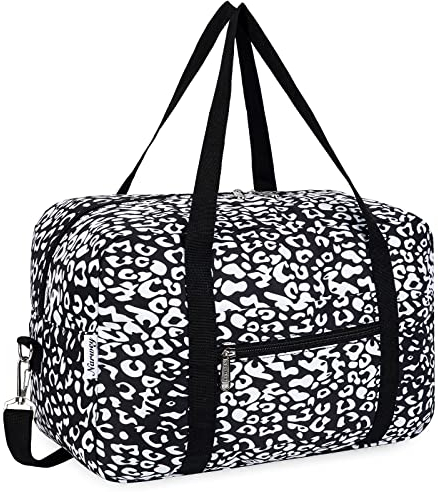 for Ryanair Airlines Cabin Bag 40x20x25 Underseat Foldable Travel Duffel Bag Holdall Tote Carry on Hand Luggage Overnight for Women and Men 20L (Black Leopard (with Shoulder Strap))