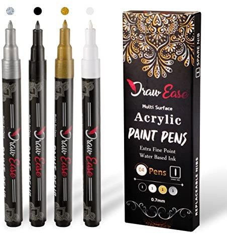 Draw Ease Acrylic Paint Pens Set of 4 Colors, 0.7mm Tip Glitter Glass Pens with Extra Fine Point & Water Based Ink - Acrylic Pens for Porcelain, Wood, DIY Craft, Mug Design, Rock Painting & Ceramic