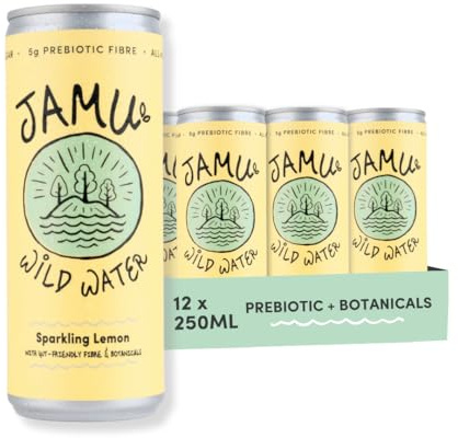 Jamu Wild Water - Pack of 12 - Naturally Flavoured Prebiotic Sparkling Water with Vitamins, Botanicals, and Minerals - 5g Prebiotic Fibre - < 20 Kcals - Zero Sugar - Lemon Flavour Multipack