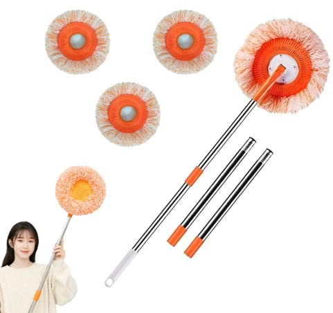 Sanfiyya Mopa de Pared Giratoria Fregona Flotante Ajustable Uso en Seco y Húmedo Incluye 1 Palo de Limpieza con 4 Cabezales de Recambio para Limpiar Suelos Paredes Techo Coche Naranja