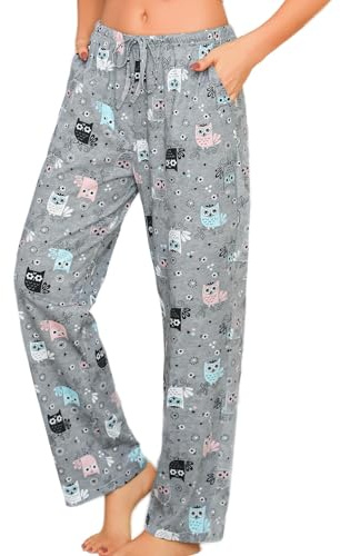 ENJOYNIGHT Damen Schlafanzughose Lang Baumwolle Pyjamahose Print Schlafhose Freizeithose mit Taschen und Kordelzug (Small,Graue Eule)