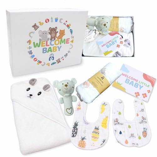 Cantoblanc - Nyfödd Babykorg. Presentkorg För Baby, Passar Både Pojkar Och Flickor | 5 delar i elegant ask: 2 vändbara, justerbara haklappar, badhandduk med huva, muslinfilt bomull/bambu 120x120cm, rassel, kort