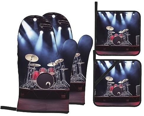 Rock Concert Stage 4-teiliges Ofenhandschuhe und Topflappen-Set, hitzebeständige Ofenhandschuhe und rutschfeste Topflappen zum Backen, Kochen, Küche, Grillen, Grillen