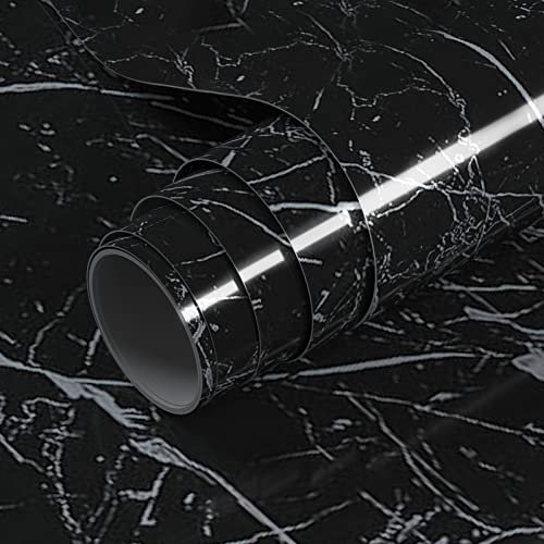 VOLEAAR 90CM x 500CM Glossy Black Marble Contact Paper Peel and Stick Wallpaper Vinyl Wall Paper for Countertops Cabinets Walls Kitchen Marble Look Self-Adhesive Waterproof