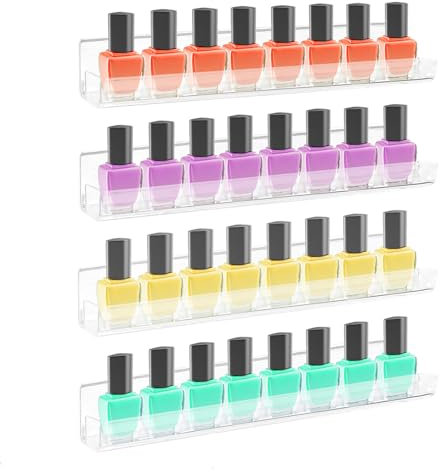 ROYALITA 4-Pack Acrylic Nail Polish Organizer - Wall Mounted Shelves with Anti-slip End Inserts, Clear Transparent Minimalist Nail Polish Holder & Display Shelf