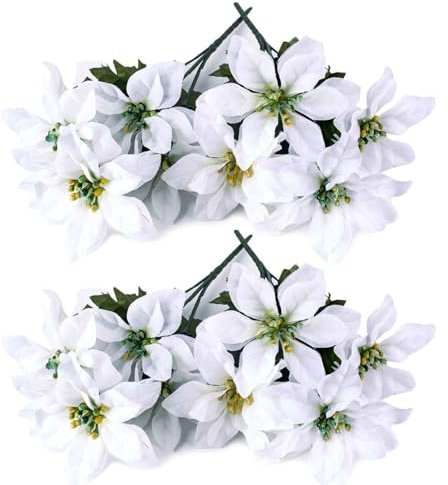AWAVM Artificial Poinsettia Bushes, 4 Pack 6 Heads Silk Fabric Christmas Red Bouquet, Fake Flowers for Xmas, 35cm/13.8in (White)