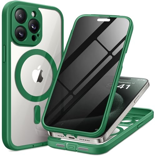 TIESZEN Magnetic for iPhone 15 Pro Max Case, Compatible with MagSafe, Built-in Privacy Screen Protector and Camera Protection, Anti Spy Full Body Dustproof Shockproof Hard Phone Case 6.7, Green