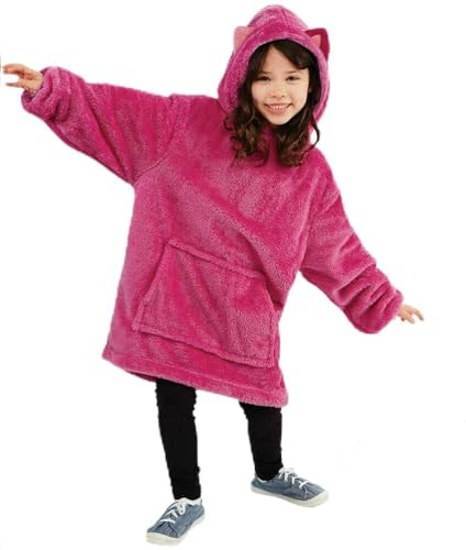 Hoodie Decke mit Ärmeln Kinder - Kuschelpullover Kinder zum Anziehen mit Kapuze, Ärmeln und 2 Taschen | PILLOWPET (Rosa Kätzchen)