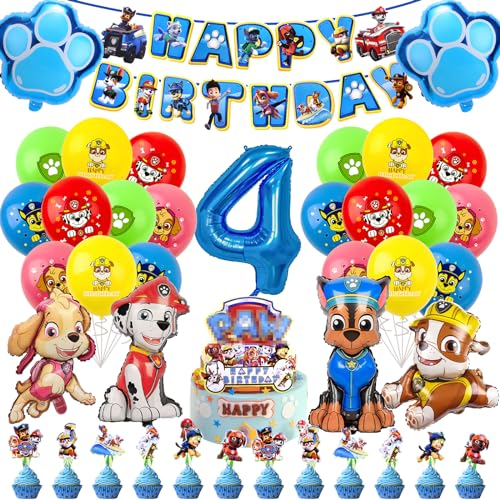 Paw Luftballon Geburtstag Deko 4 Jahre Jungen Mädchen -Hund Patrol Geburtstagsdeko 4 Jahr Ballon Deko 4. Geburtstag Folienballons Happy Birthday Girlande Cake Topper für Kindergeburtstag Party Deko