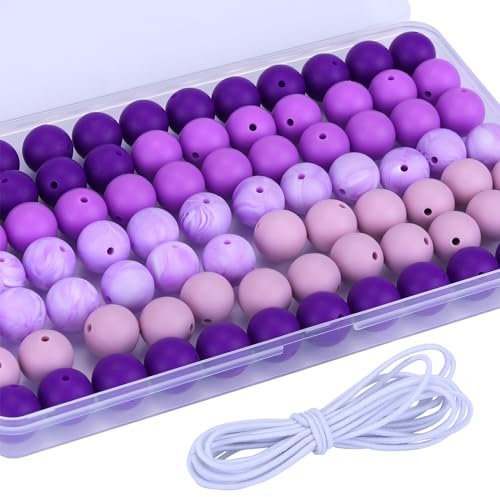 WEWAYSMILE 80 pièce Perles En Silicone De 15mm, Perles Rondes En Silicone En Vrac, Avec 2 mètre De Corde Perlée Élastique Pour Bracelet, Porte-Clés, Lanières, Bijoux, Loisirs Créatifs (Violet)
