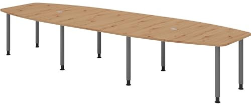 bümö Konferenztisch oval 400x130 cm großer Besprechungstisch in Asteiche, Besprechungstisch mit Gestell in Graphit, Meetingtisch für 14 Personen, XXL-Tisch für Besprechungsraum & Meeting