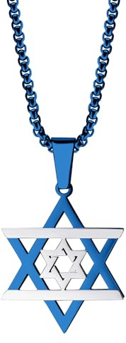 555Jewelry Stainless Steel Star of David Necklace for Women, Unisex Jewish Star Pendant Necklace, Mens Jewish Star Necklace with Touch of Israel Flag | Blue, 24 Inch