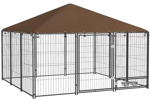 PawHut Recinto per Cani in Metallo con Porticina per Ciotole, Recinzione per Cani da Esterno con Copertura in Tessuto Oxford, 211x211x151 cm, Nero e Marrone