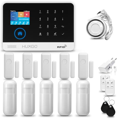 HUXGO® HXA003 Alarmanlage für Haus WiFi + GSM 4G Set mit Sirene | Funk Alarmanlage Wohnung mit App. TUYA |Alarm System mit 5X Bewegungssensor, 5X Fensteralarm/Türsensoren | Smart Home