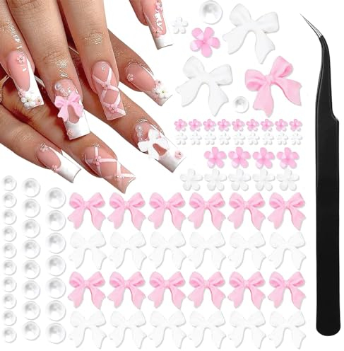 Mezrkuwr 1000 Stück rosa Schleifen Nagel Charms mit Pinzette, weiße Schleifen-Charms für Nägel, Kunstharz, flache Rückseite, Perlen, Blumen-Charms, Nagel-Dekoration