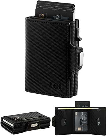 GSG SINCE 1998 Herren Geldbörse aus Leder,Slim Wallet mit Münzfach & RFID-Schutz Kreditkartenetui Portmonee für 9-10 Karte, schlanker Geldbeutel für Männer schwarz Kohlefasermuster