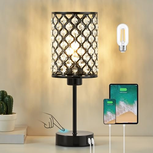GyroVu Moderne Tischlampe & Nachttischlampe, Dimmbare Kristallschirm Touch-Lampe mit USB A+C Ports, Schwarz Kleine Beleuchtung für Wohnzimmer & Schlafzimmer (Buld Enthalten)