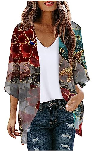 Cappotti da donna, estivi, autunnali, con stampa floreale, maniche a sbuffo, kimono, cardigan, sciolto, chiffon, camicetta, top, giacche invernali da donna UK, 004- Rosso, XL