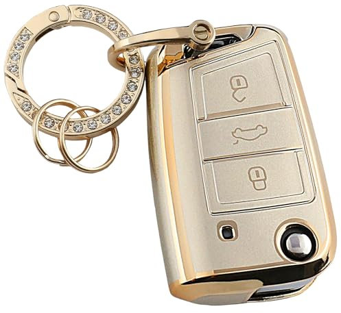 QIULIFAN Schlüsselhülle für VW Weichem TPU Schlüsselgehäuse mit Schlüsselring für Golf 7 Polo Tiguan Mk7 Skoda Touran Fabia Octavia Superb Seat Leon 3-Tasten, Golden
