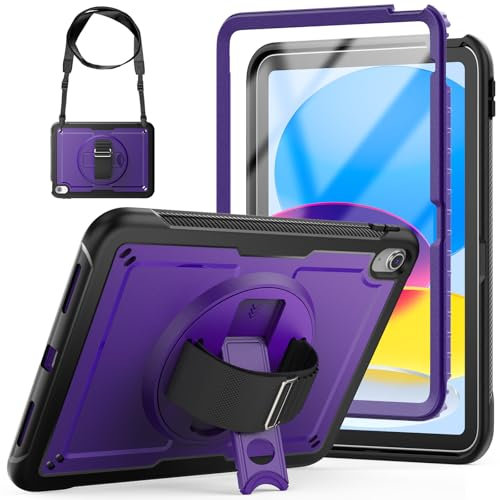 Case for iPad (A16) 11th/10th Generation 11/10.9 Inch 2025/2022, Sturdy Duty Full-Body Shockproof Protective Case with Screen Protector, Hand/Shoulder Strap, 360° Rotating Stand, Pencil Holder, Purple