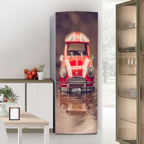 Fridge Wraps Kitchen Fridge Stickers Cover Full Doors, Red Iron Retro car Vintage Freezer Skins Wall Stickers for Kitchen Decal