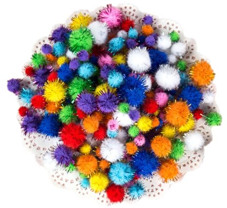 Blausky 200 Stück Plush Pompons mit Bunt Glitzer,Mini Pompons,Rund Pompon,Flauschigen Plüsch Bälle,Pompons zum Basteln,für Ostern DIY Kreativen Handwerk Nähen Dekorationen,Gemischte Größen,Bunt