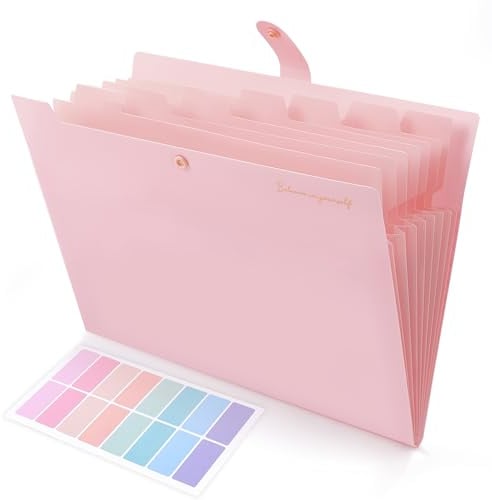 SKYDUE Expanding File Folder, Accordion File Organizer with 8 Pockets, Expandable Document Paper Receipt Holder for School Office Hospital, Letter/A4 Size Pink
