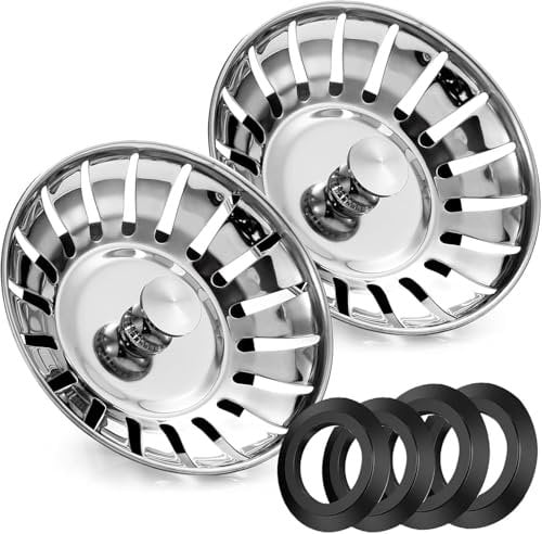 SANTUO 2Pcs 78mm kitchen Sink Plug Replacement Stainless Steel Sink Strainer with 4 Silicon Rubber Seals for Single Double Bowl Use Sink Plug Strainer for Food Waste Hair Catcher Prevent Bad Smells