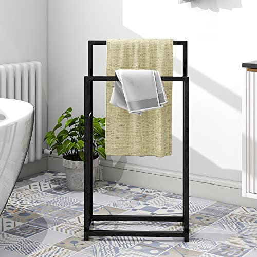 HAHRIR Metal 2-Tier Stainless Steel Towel Rail, Freestanding Towel Rail for Bathroom Accessories Organiser, for Bathroom Storage & Towels & Washcloths & Ceiling Rack, Black