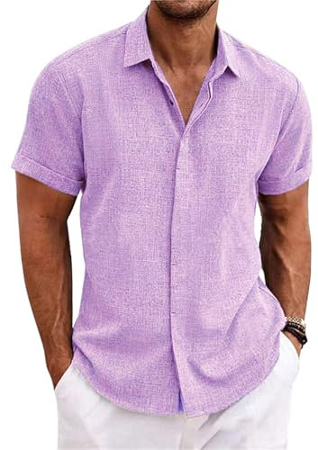 PADOLA Leinenhemd Herren Kurzarm Button Down Musselin Hemd Sommer Hemden Einfarbige Freizeithemden Baumwolle Strandhemd Regular Fit Linen Shirt Hawaii Hemd Overshirt Tshirt (1 Lila, L)