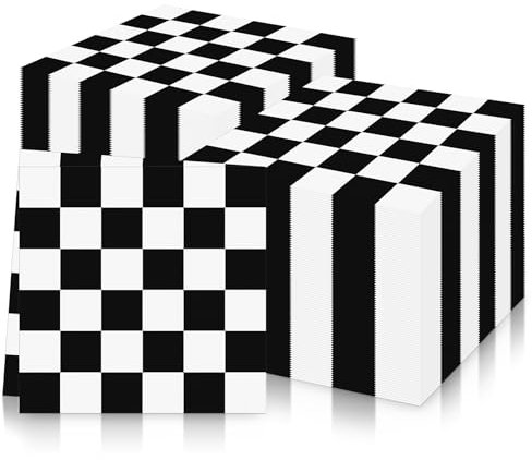 20 Stück Papierservietten mit Rennwagenmotiv, recycelt, 2-lagig, 33 x 33 cm, Einweg-Cocktail-Servietten, Dinner-Servietten, schwarz-weißes Schottenkaro, Papierservietten für Jungen und Mädchen