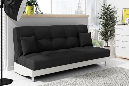 LIKMA Ausziehbar 3 Sitzer Sofa Togo Schwarz + Weiss Kunstleder 195x91x85 cm Schlaffunktion Bettzeugbehälter 2 Kissen Sofa mit Bettfunktion Gesteppte Schlafsofa ohne Armlehnen