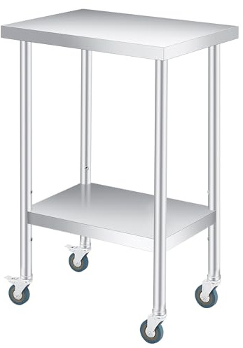 COZONY Edelstahltisch, 61 x 30,5 cm, robuster Arbeitstisch mit verstellbarer Unterablage und feststellbaren Rollen, 2-stöckiger Metall-Vorbereitungstisch für gewerbliche Küche, Restaurant, Garage