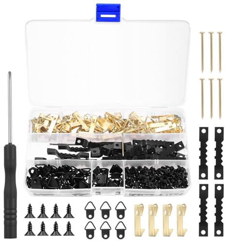 351 Piezas kit de Fijación Cuelga Cuadros, Ganchos para Colgar Cuadros Colgador Marco de Fotos Marcos Lienzos, con Ganchos Dientes de Sierra, Clavos y Herramientas(Negro y Dorado)