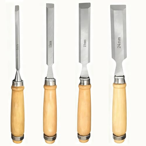 Wood Chisel Set Chrome Vanadium 6 12 18 24mm 4-Piece | Bevel Edge With Hardwood Handles; For Carpentry DIY Wood Carving Crafts