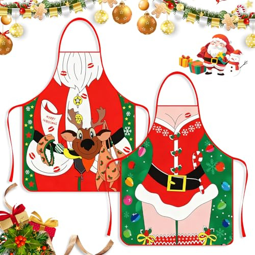 Wisolt Paar Schürzen Set Weihnachten – Baumwolle Leinen 2 Stück Schürzen für Männer & Frauen – Lustige Santa Motive, 60x80 cm, Verstellbarer Gurt – Küchenschürzen Geschenk für Weihnachten & Paare