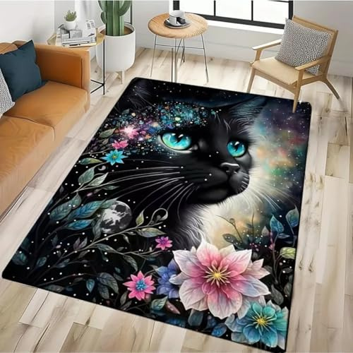 Xisnuient Wohnzimmer Teppich mit 3D Tier und Katzen Motiv,für Teenager Jungen Mädchen Schlafzimmer Dekorativer Teppich,Kinderspielmatte Küchen Badezimmer Esszimmer Flur Rugs (Schwarz,100x150 cm)