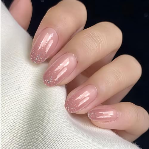 Zosutetoxo 24 Stück Glitzer Farbverlauf Press On Nails Mandelform Mittel lang Rosa Glänzende künstliche Nägel mit gelartiger Textur