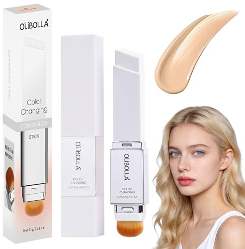 Colour Changing Foundation Stick, 2 in 1 Face Foundations Concealer Stick, Cover Cream White Foundation for Full Coverage Base Makeup, for All Skin Types, with Brush Head