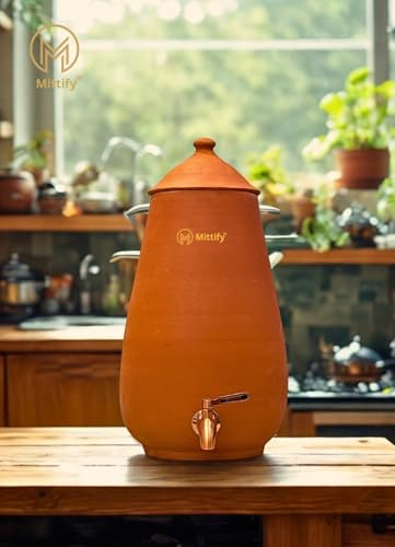 Mittify Clay Water Pot with Stainless Steel Tap, 13 Litre (3.4 Gallon) Natural Terracotta Matka for Cool Drinking Water, Eco-Friendly Earthen Water Dispenser
