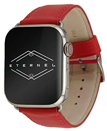 Eternel - Cinturino compatibile con Apple Watch Holi rosso 44/45/46/49 mm adattatori acciaio inossidabile argento - Pelle di vacchetta fatta a mano in Francia - Compatibile con tutti gli Apple Watch