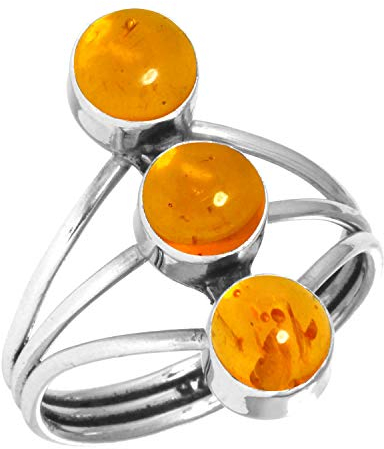 Jeweloporium Oranger Bernstein-Silberring, Größe 50 (15,9), 925er Sterlingsilberring für Damen, runder Edelstein-Boho-Schmuck