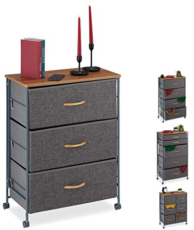 Relaxdays Schubladenschrank mit Rollen, 3 Stoff Schubladen, Deko Stoffschrank, Holzoptik, HBT 74,5 x 58 x 30 cm, grau