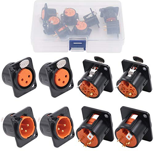 Glarks Lot de 8 prises jack XLR mâle femelle à 3 broches avec broche plaquée or, prises de montage sur panneau de châssis de série D, compatibles avec les connecteurs de studio audio série D