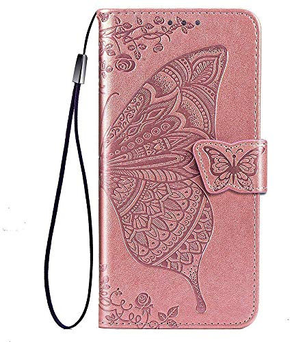 TANYO Farfalla Custodia Folio per Oppo A53S / A53, Cover in PU/TPU Pelle Flip Portafoglio con Contanti e Schede Slot, Telefono Case Custodie - Oro Rosa