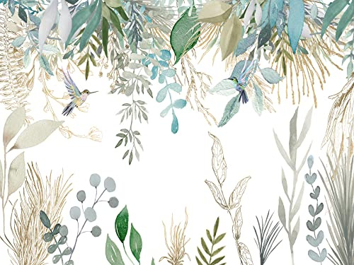 Wesmilewallpaper Papier Peint Panoramique Feuilles Colibris Vert 400X280cm | Paysages Naturels Tropical Plante Oiseau Feuillages Aquarellés Intissé Soie Murales Poster Décoration Chambre Salon Bureau