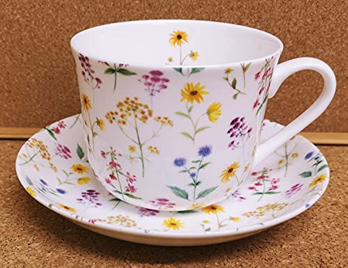 Meadow Flowers Breakfast Cup & Saucer Fine Bone China Large Big Cup & Saucer Hand Decorated in UK