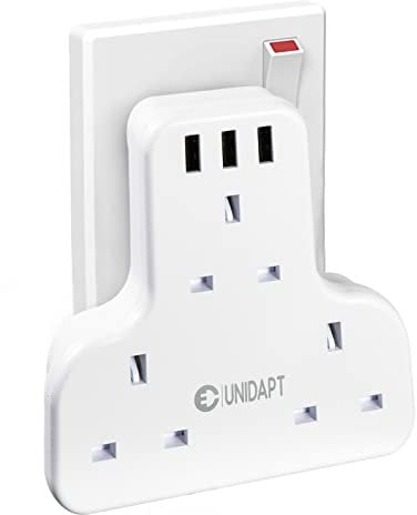 Unidapt Socket Extensions Adapter with 3 USB, 3 Way Plug Adaptor UK, Multi Plug Extender, Sleek Socket, Flat Wall Extension 13A Power, Multiple Outlet for Home, Office, Kitchen, Hotel, White