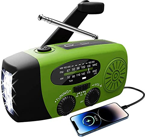 Solar Radio Hancaner Tragbar Kurbelradio Dynamo Radio mit AM/FM/NOAA, Eingebaute 1200mAh Wiederaufladbare Batterie,mit 3 LED Taschenlampe, LED Leselampe für Notfall Ourdoor Grün